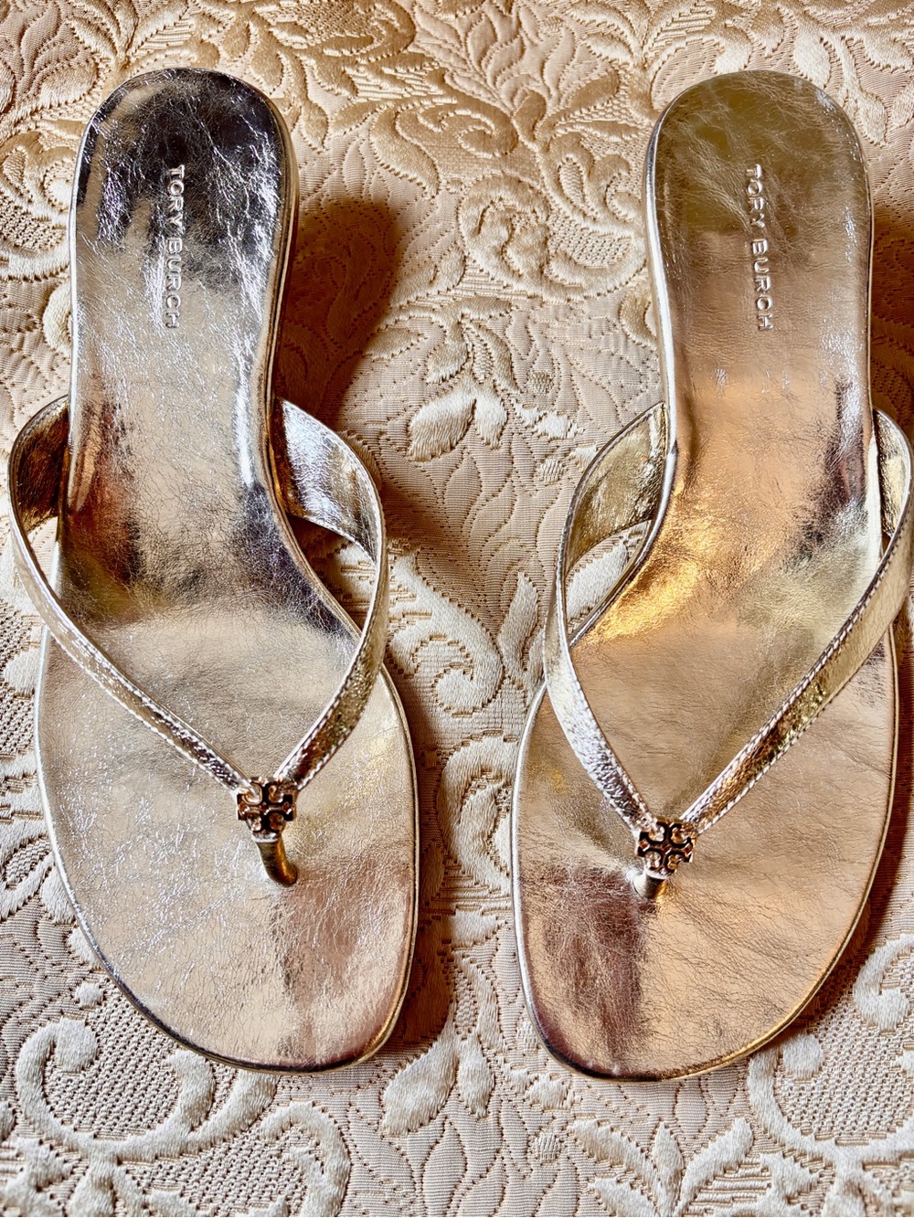 Tory Burch Metallic Gold Logo Thong Sandals